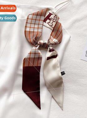 Korean  new spring fall plaid thin narrow long silk scarf fe