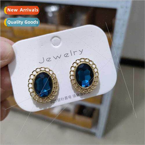 925 silver pin blue zircon oval earrings heart-shaped earrin