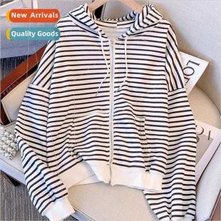 New long-sleeved cardigan top loose thin wild striped hooded
