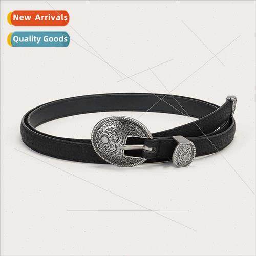 Women vintage carved antique silver buckle western leather b