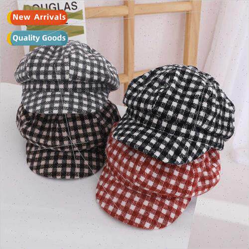 Children hats Korean casual wool plaid beret fall winter new