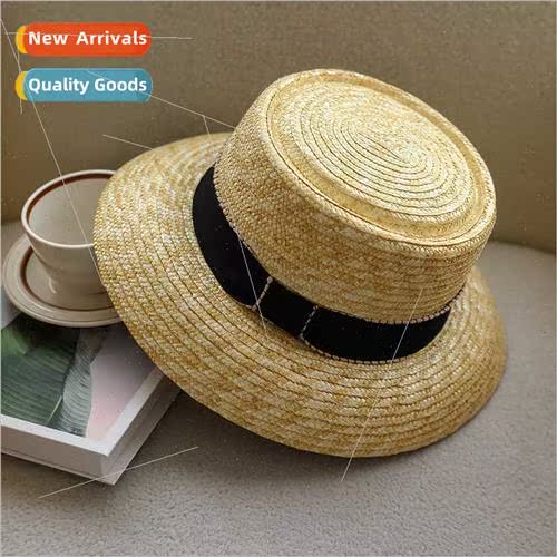 Straw concave top hat black webbing summer Europe Uned State