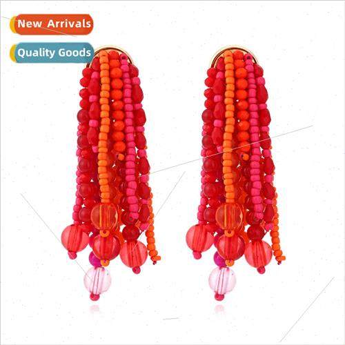 Exaggerated earrings handmade beaded rice beads tassel earri