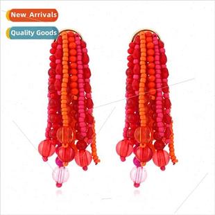 beaded handmade rice beads earri Exaggerated tassel earrings