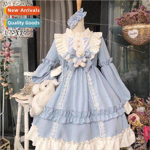 Japanese Gothic Lola Dress Women Kawaii Bow Bear Lace Blue