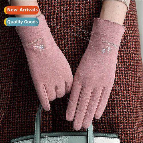 Gloves female winter new de velvet single layer thin outdoor