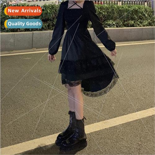 New Gothic Women Black Fairy Party Dress Cross Square Collar