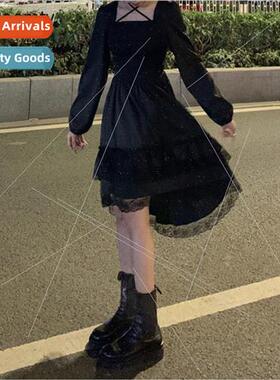 New Gothic Women Black Fairy Party Dress Cross Square Collar