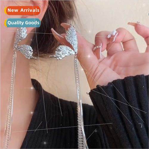 ins metal ruffled tassel chain butterfly wings earrings elf