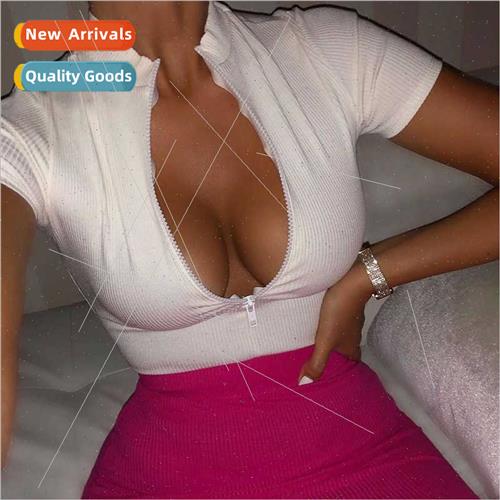 Standing collar zipper tight ribbed top  American new sexy b