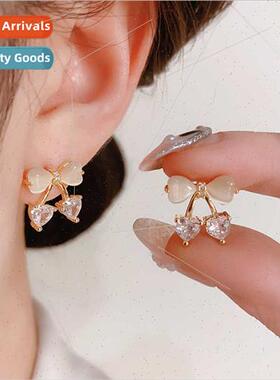 Korea s925 silver needle sweet cat eye stone bow earrings fe