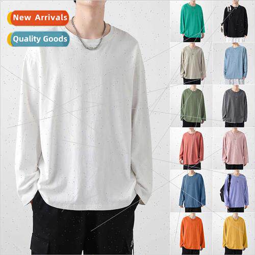 Cotton long-sleeved T-shirt men spring fall solid color roun