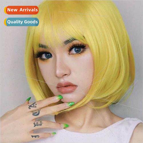 Color wig female flush bangs lemon yellow o head set repair