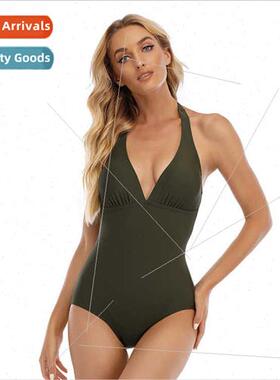 Army Green One-piece Swimsu Women Triangle Backless Europe D