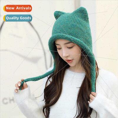 Solid color cat ears pigtails knted hat winter outdoor warm