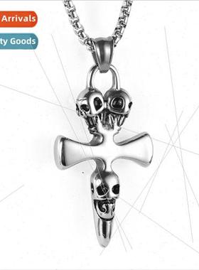 stainless steel Men Necklace Vintage Triple Skull Crossbones