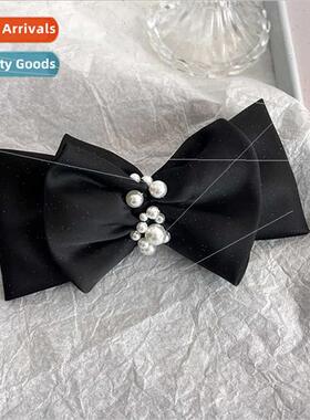 Exquise French advanced pearl spring clip hairpin black bow