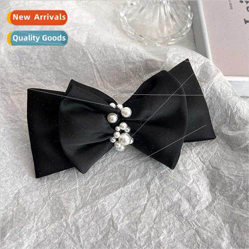 Exquise French advanced pearl spring clip hairpin black bow
