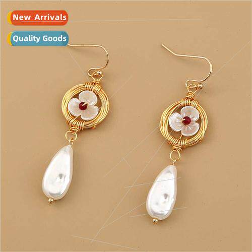 Korea ins retro earrings pearl whe three-petal flower fresh