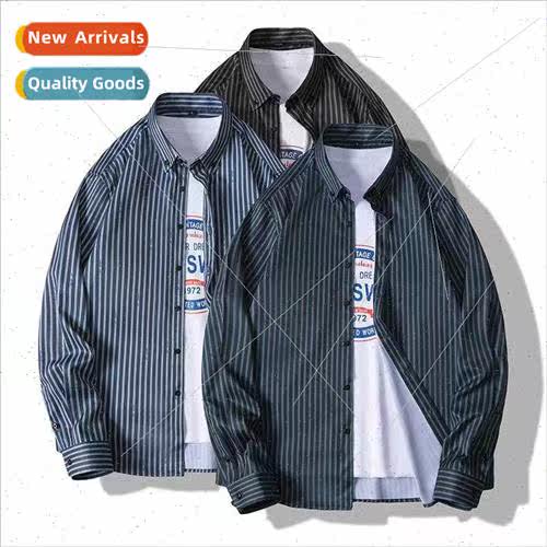 2023 spring new men striped shirt long-sleeved Korean  elast