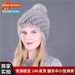 knting double ladies warm thickened mink hat Korean ball