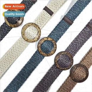 buckle women retro round hun fashion wooden belt New braided
