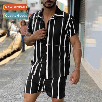 Men 2022 summer new striped twoPCS basic popular shirt men s