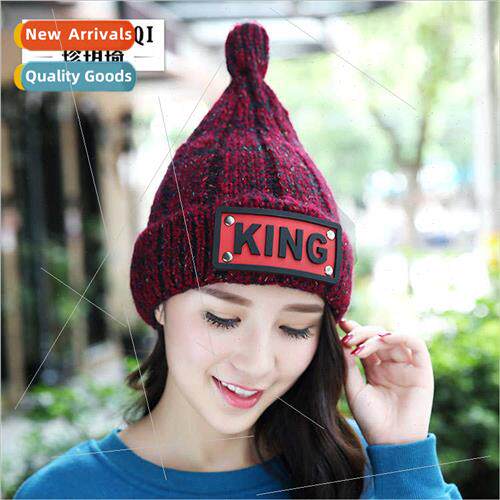 Korea fashion big leather label KING knted cap winter women