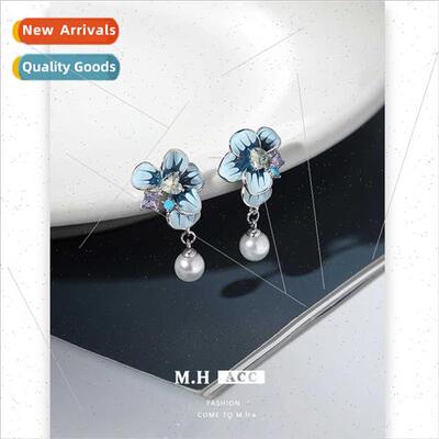 Blue flower earrings适用women rustic niche earrings French p