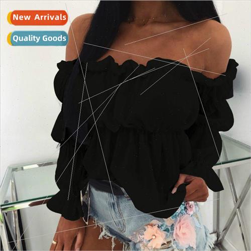 Women Blouse Solid Color Long Sleeve Lace Off Shoulder Ruffl