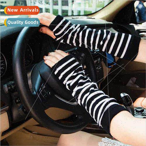 Autumn winter new striped half-finger clash colours gloves h