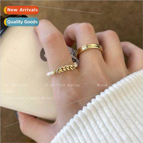 Japan twopcs set chain pearl ring female ins tide niche fash