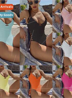 2023 New iEurope Solid Color One Shoulder One-piece Swimsu S