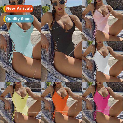 2023 New iEurope Solid Color One Shoulder One-piece Swimsu S