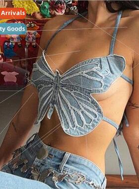 Women Beach Butterfly Jeans Crop Top Backless Strap Camis