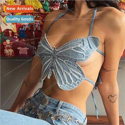 Women Beach Butterfly Jeans Crop Top Backless Strap Camis