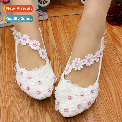 Whe flowers flat bottom big size wedding shoes spring new an