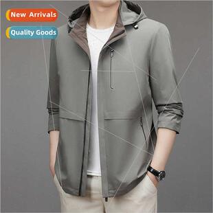 Spring Autumn new hooded windbreaker jacket men medium-lengt