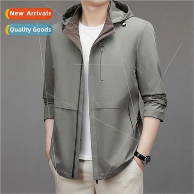 Spring Autumn new hooded windbreaker jacket men medium-lengt