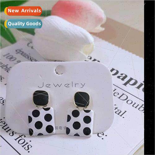 S925 silver pin earrings Korea square black whe polka dot ge