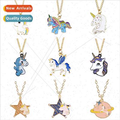 Korea cute alloy multi-color oil drop unicorn Pegasus neckla