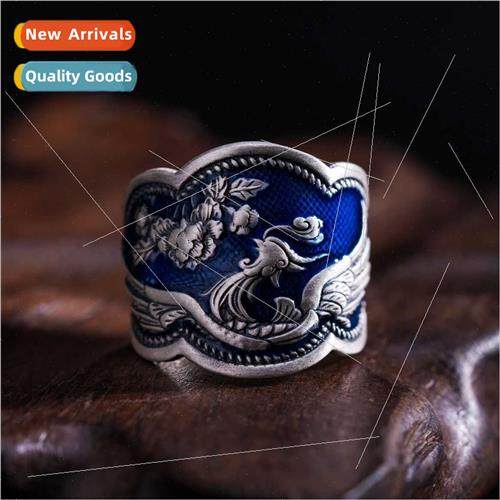 Burnt blue craft peony flower phoenix ethnic open ring femal