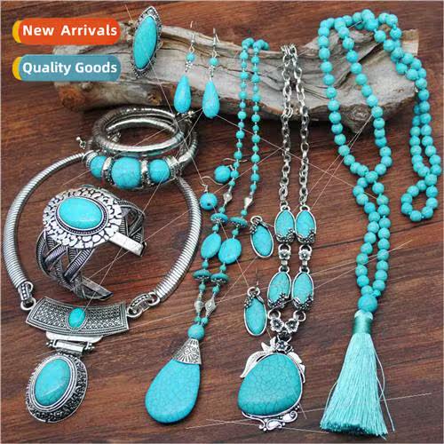 Ethnic turquoise sweater chain beaded necklace women jewelry