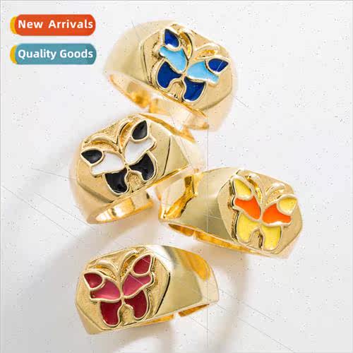 Personalized colorful butterfly oil drip ring female brass p
