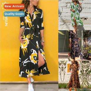autumn printed casual dress long sleeves high waist dresses