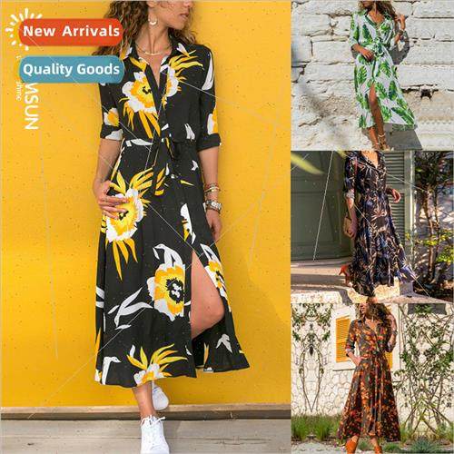 autumn printed casual dress long sleeves high waist dresses
