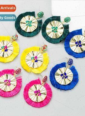 ins nd earrings female fashion tassel inlaid colorful rhines