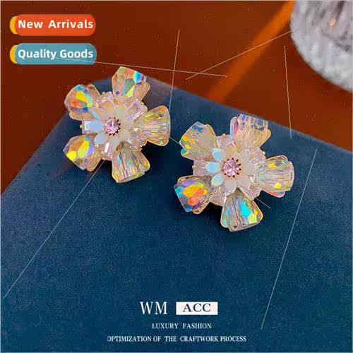 silver needle zirconia flower crystal earrings simple earrin