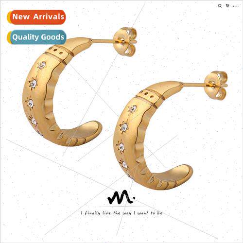 Europe mple Retro Textured Inlaid Zirconia C-Shaped Earrings