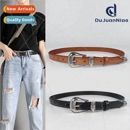 vintage female  leather belt casual pants jeans senior sense